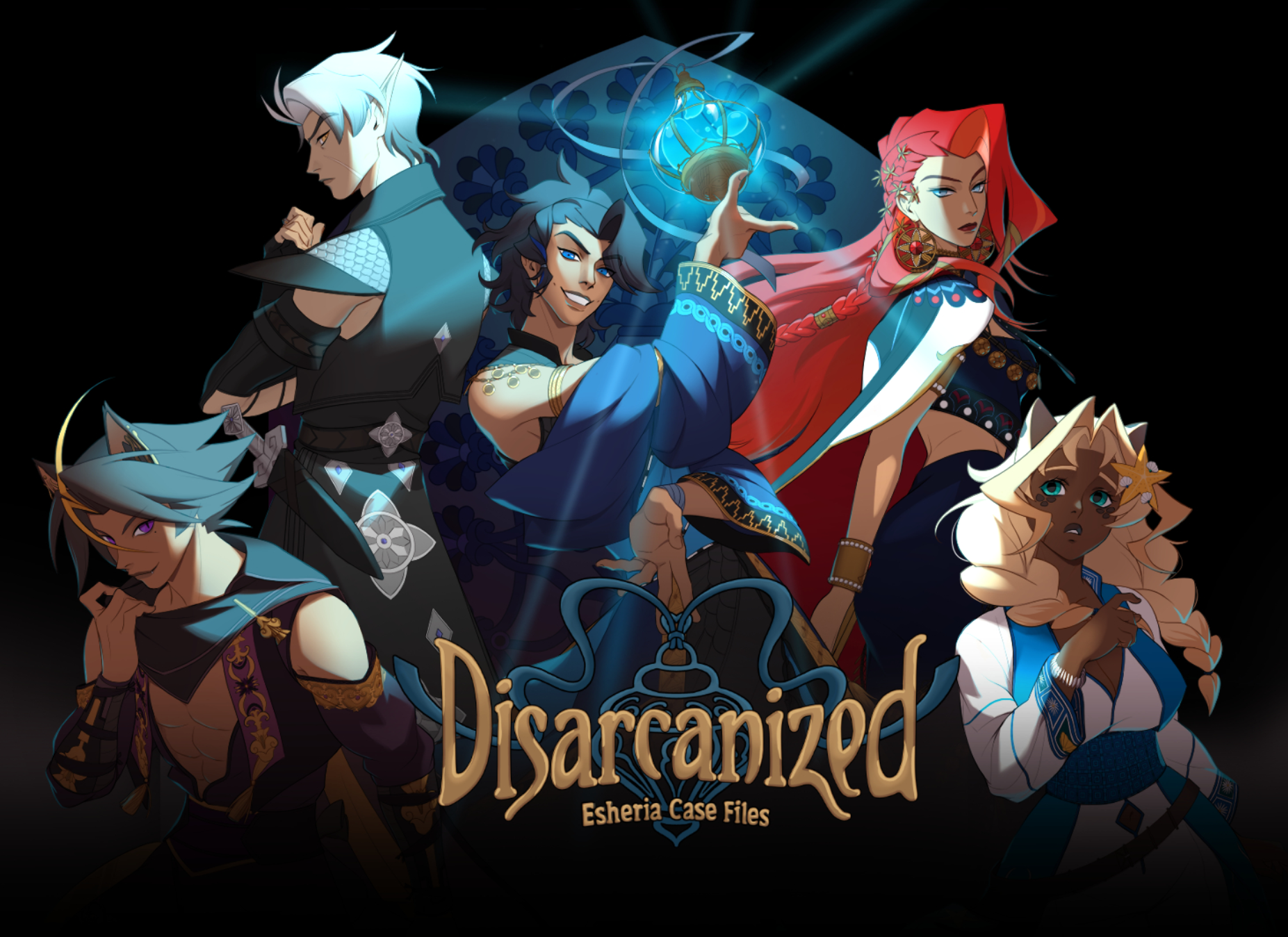Titelgrafik von Disarcanized mit einer Gruppe von Fantasyfiguren.