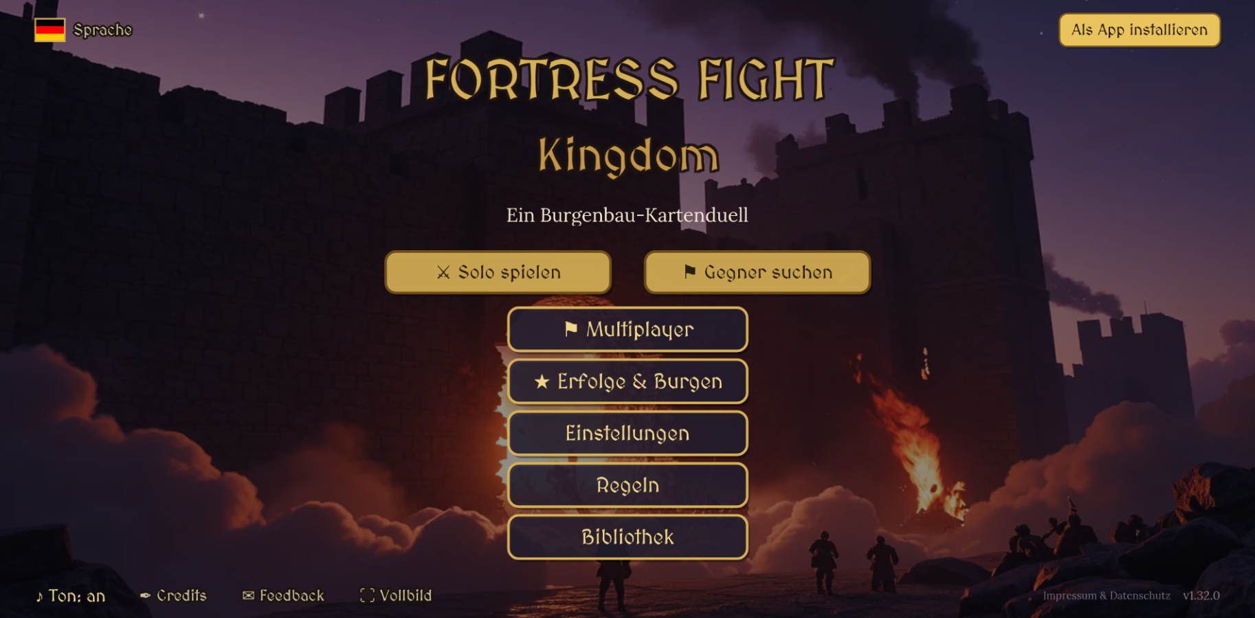 Startbildschirm von Fortress Fight Kingdom mit Burgsilhouetten und Menüoptionen.