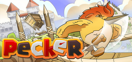 Titelgrafik von Pecker mit einem kleinen orangefarbenen Vogel vor einer Burg.