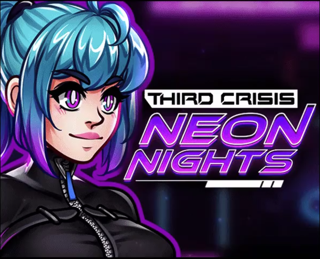 Titelgrafik von Third Crisis: Neon Nights mit einer blauhaarigen Figur in dunkler Kleidung.