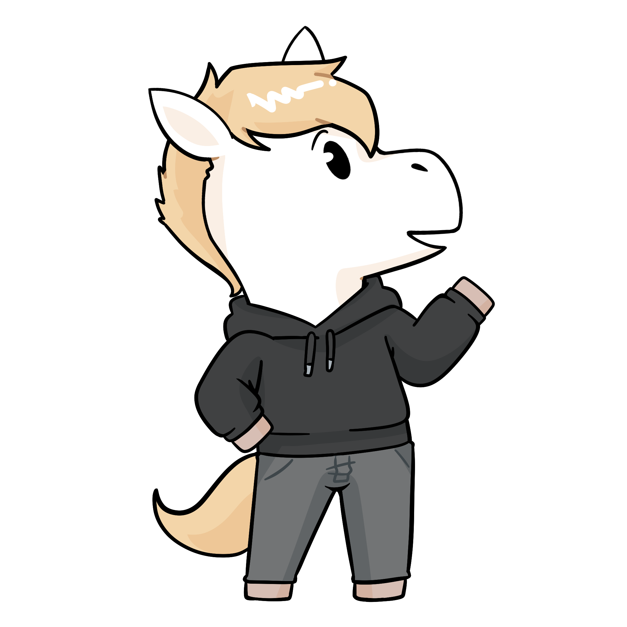 Das Maskottchen des Hannover Game Dev MeetUps zeigt auf das Programm des Events über ihm.